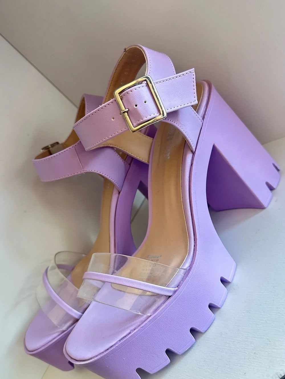 ANDREA FENZI Lilac Platform Block Heel Sandals with Clear Straps